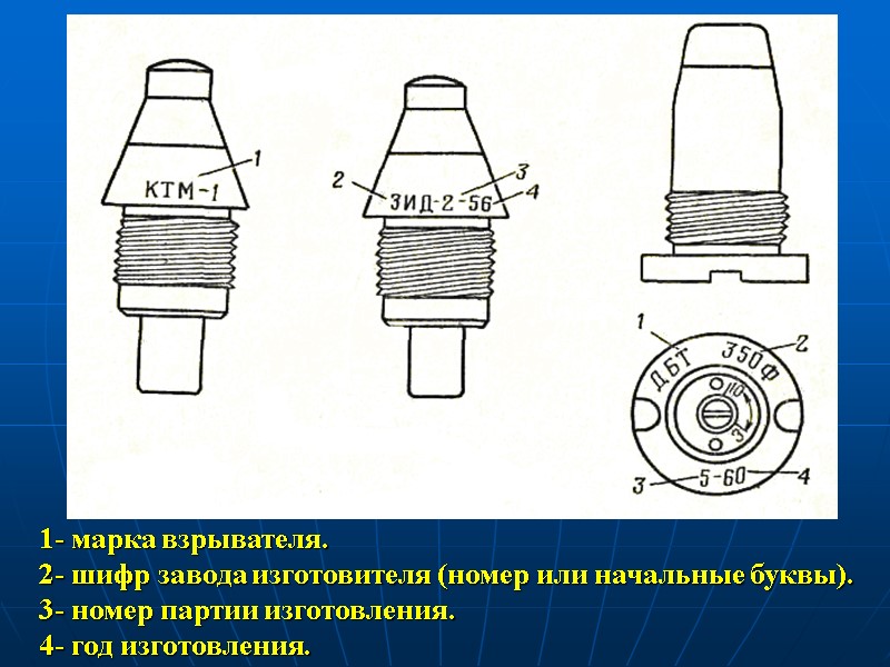 1- марка взрывателя. 2- шифр завода изготовителя (номер или начальные буквы). 3- номер партии